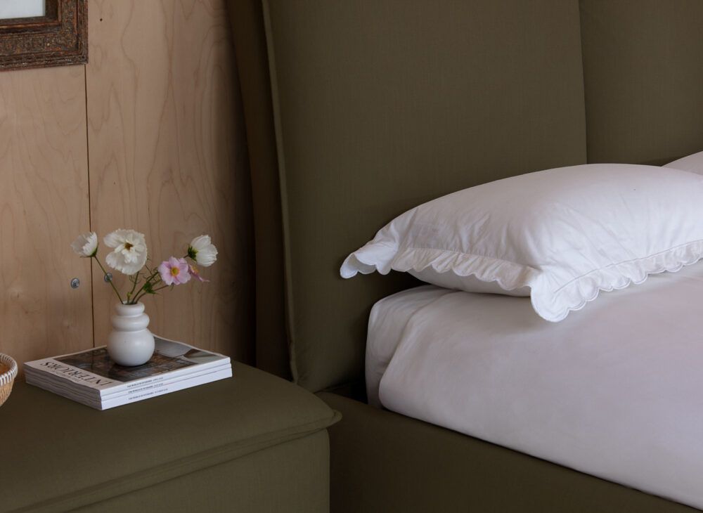 Sophie Conran Seraphine bed and Pillowrest blanket box in Olive