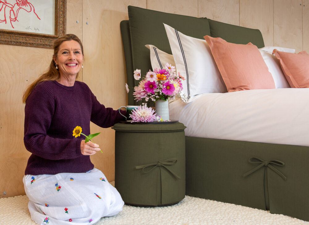 Sophie Conran with the Seraphine bed and Lulabelle storage pouffe in Olive