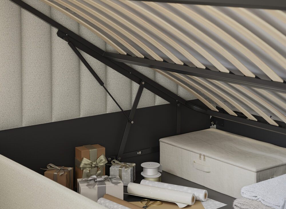 Inside of an ottoman bed with presents