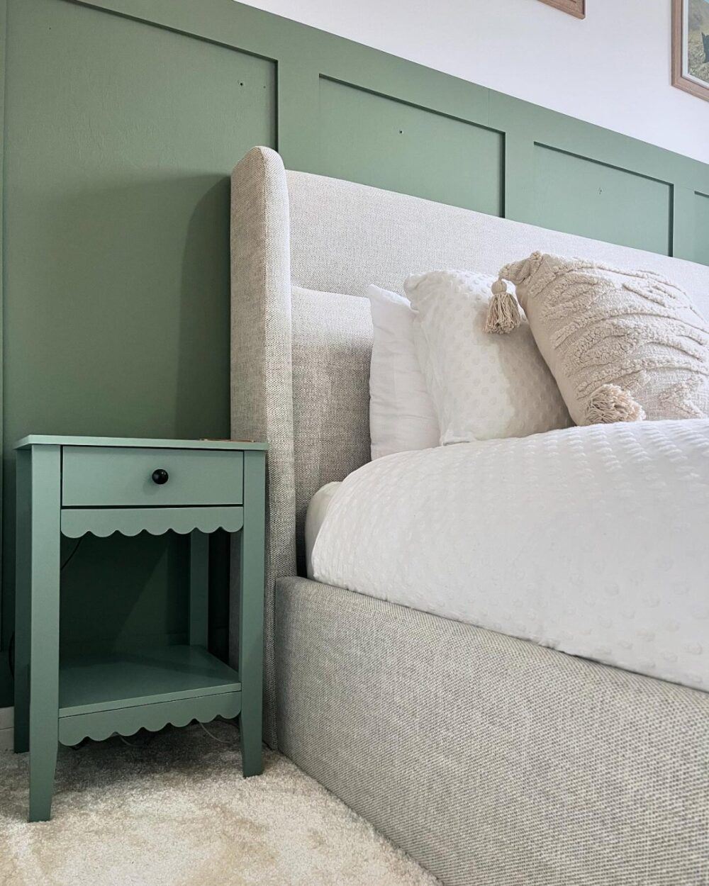 UGC by @transforming_no10 showing sage green and white, and green bedside table